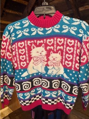 Pink & Teal Cat Pattern Crewneck Sweater